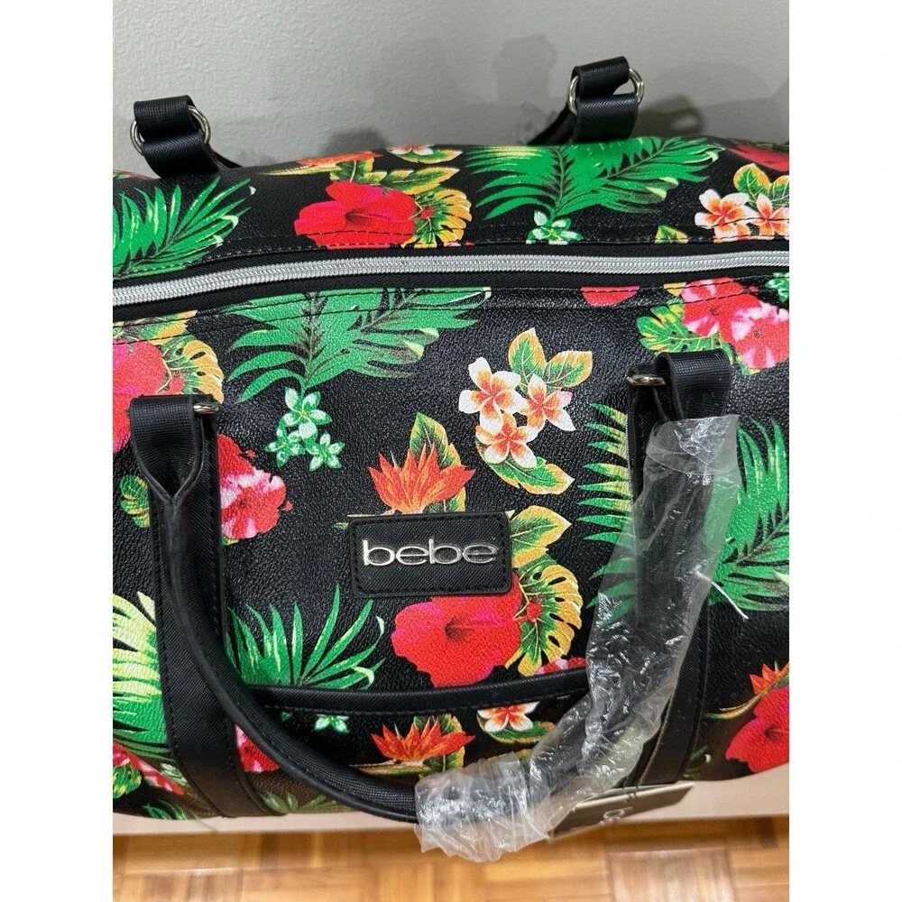 Bebe Floral Duffle Bag 22 x 9 Inch Tropical Print On Black Detachable Strap
